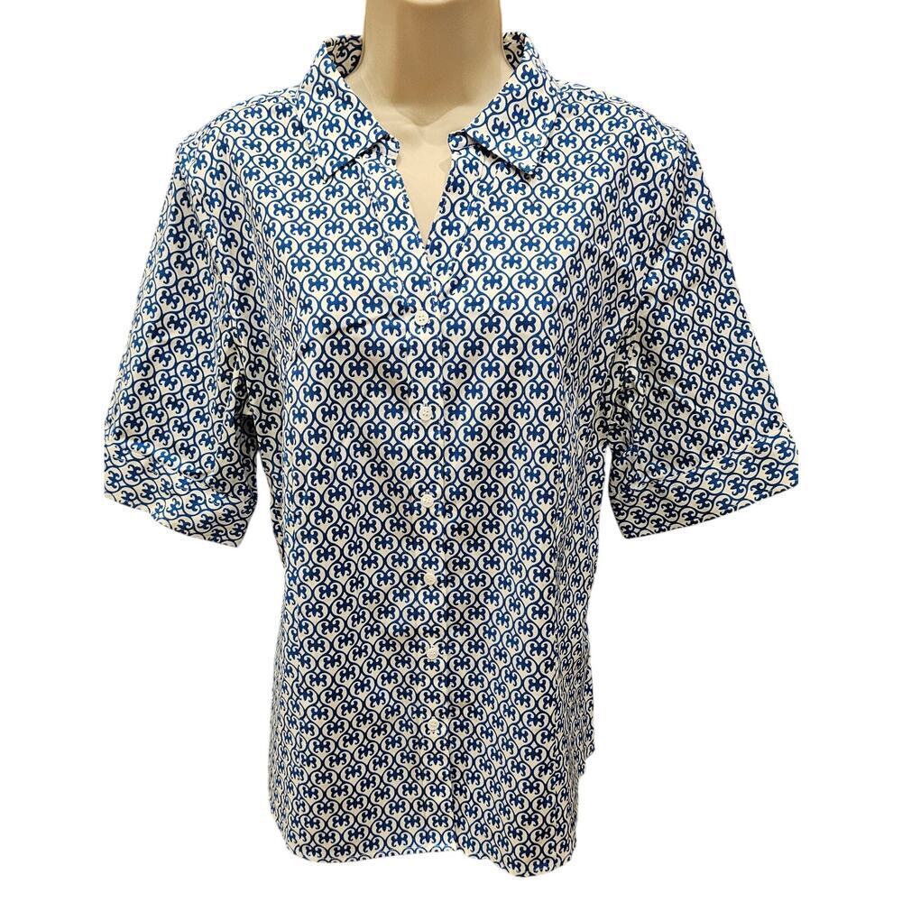 Talbots no iron sz 14 button up half sleeve blue geometric stretch career casual